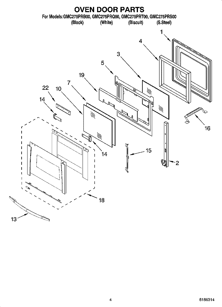 OVEN DOOR PARTS Diagram and Parts List for GMC275PRB00  Whirlpool Microwave Oven Combo