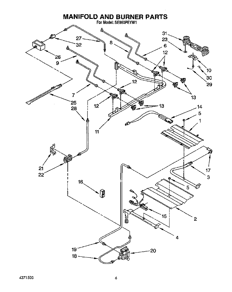 MANIFOLD AND BURNER, LIT/OPTIONAL Diagram and Parts List for SE960PEYN1  Whirlpool Range