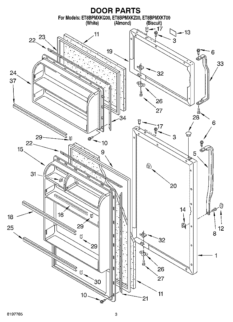 DOOR Diagram and Parts List for ET8BPMXKT00  Whirlpool Refrigerator