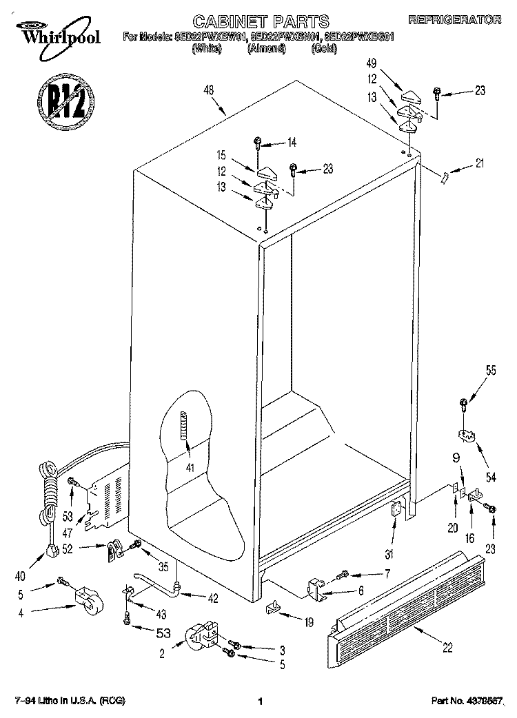 CABINET Diagram and Parts List for 8ED22PWXBN01  Whirlpool Refrigerator