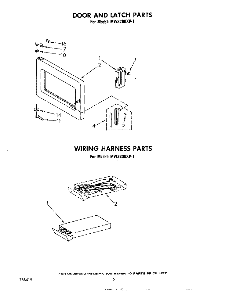 DOOR AND LATCH , WIRING HARNESS Diagram and Parts List for MW3200XP1  Whirlpool Microwave
