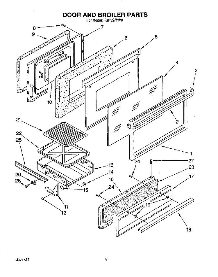DOOR AND BROILER Diagram and Parts List for FGP357YW0  Roper Range