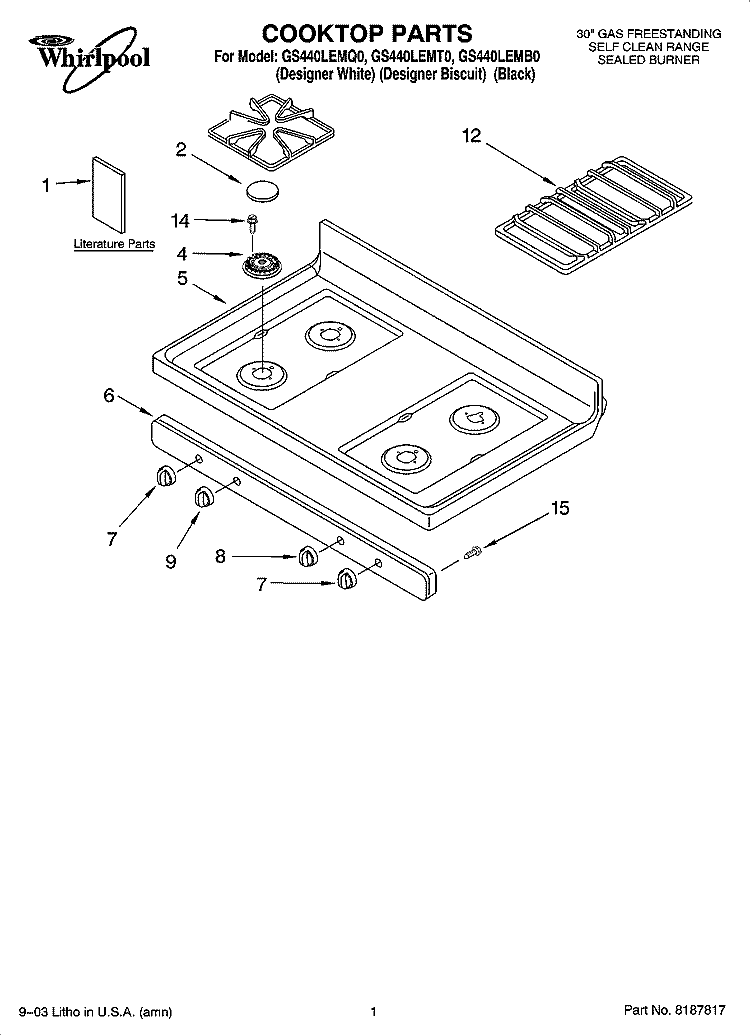 COOKTOP PARTS Diagram and Parts List for GS440LEMB0  Whirlpool Range