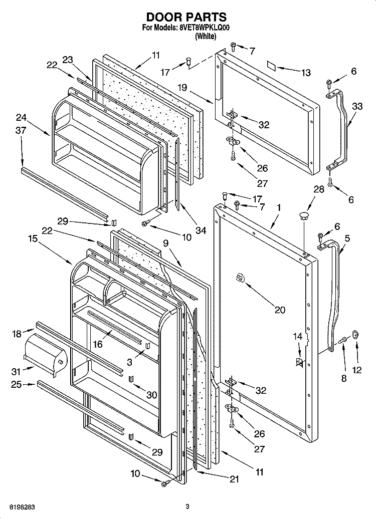 DOOR PARTS Diagram and Parts List for 8VET8WPKLQ00  Whirlpool Refrigerator