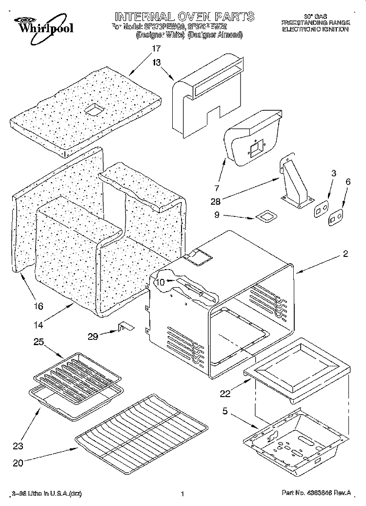 INTERNAL OVEN Diagram and Parts List for SF370PEWZ0  Whirlpool Range