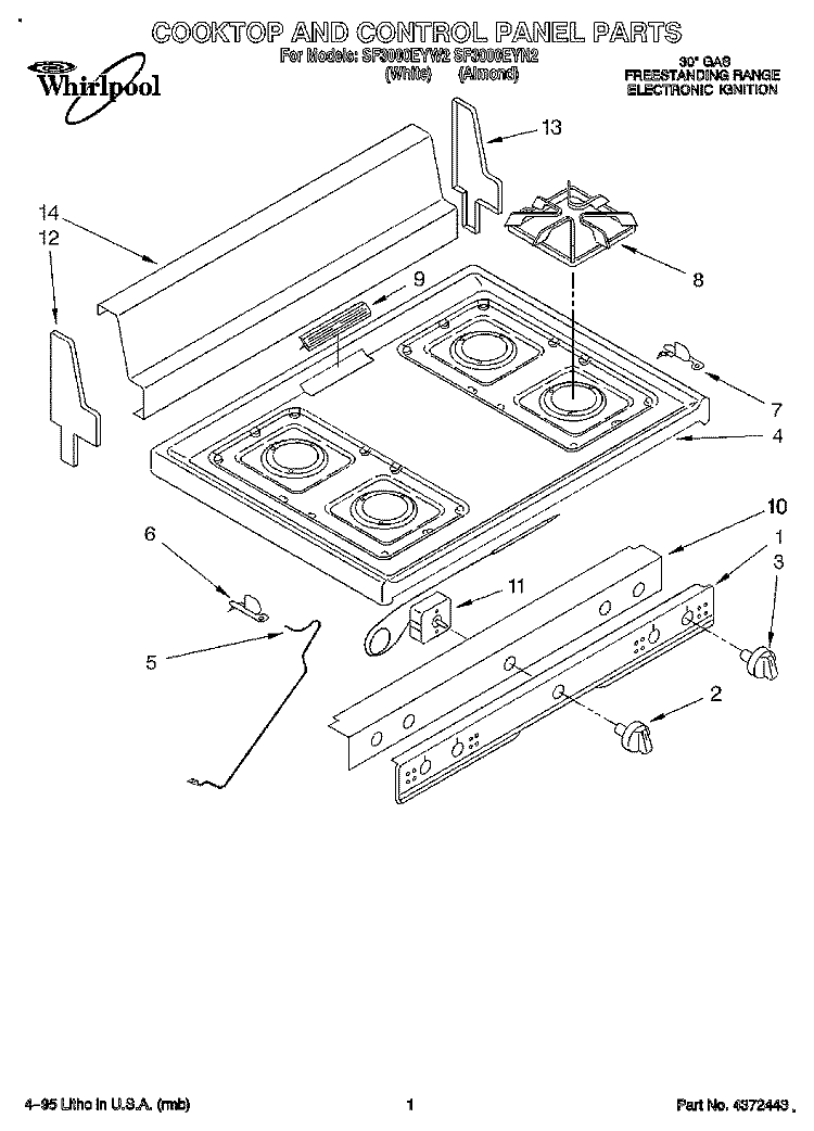 COOKTOP AND CONTROL PANEL, LITERATURE Diagram and Parts List for SF3000EYN2  Whirlpool Range