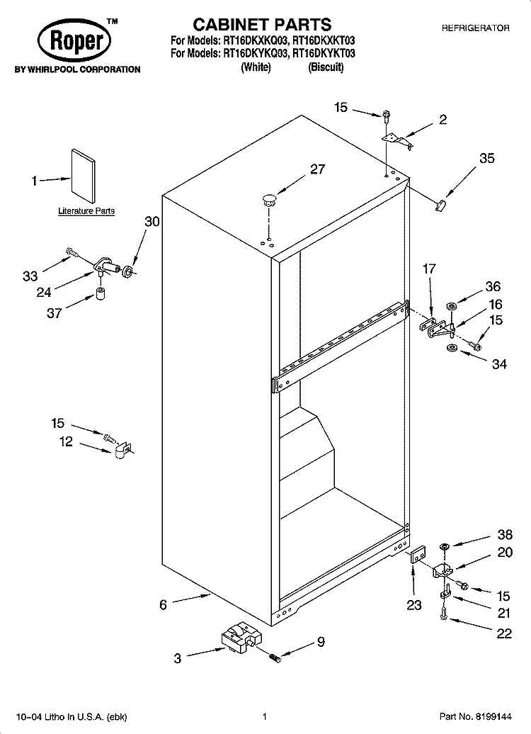 CABINET PARTS Diagram and Parts List for RT16DKYKQ03  Roper Refrigerator