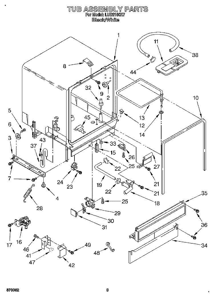 TUB ASSEMBLY, LIT/OPTIONAL Diagram and Parts List for LUD2100X7  Whirlpool Dishwasher