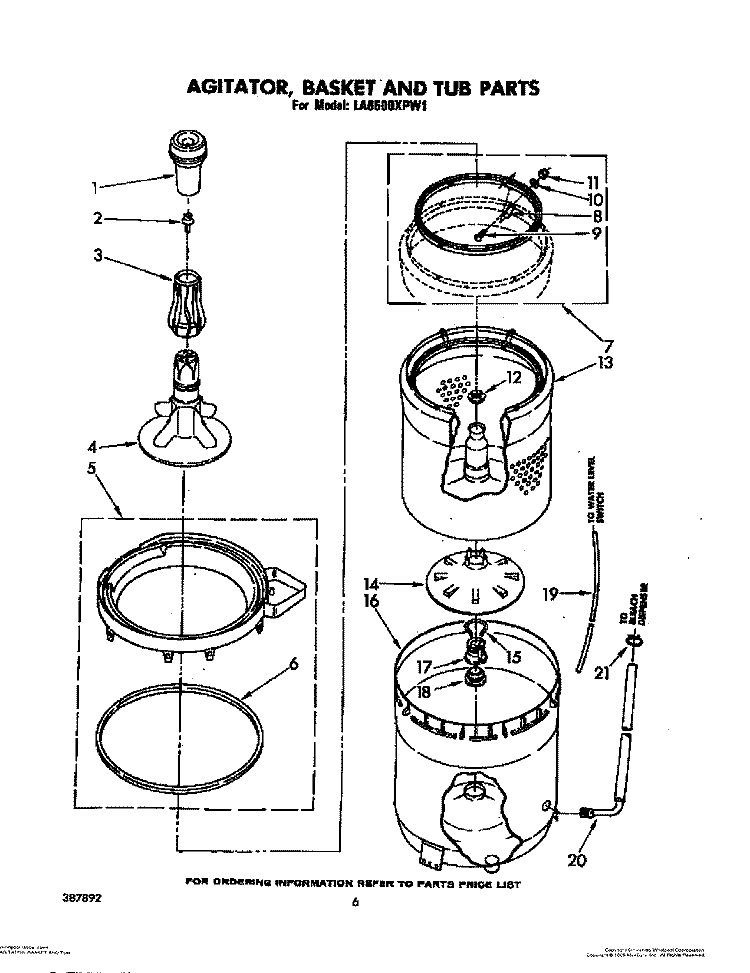 AGITATOR, BASKET AND TUB Diagram and Parts List for LA6500XPW1  Whirlpool Washer