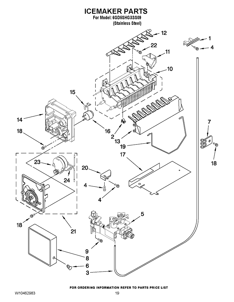 ICEMAKER PARTS Diagram and Parts List for 6GD5SHGXSS09  Whirlpool Refrigerator