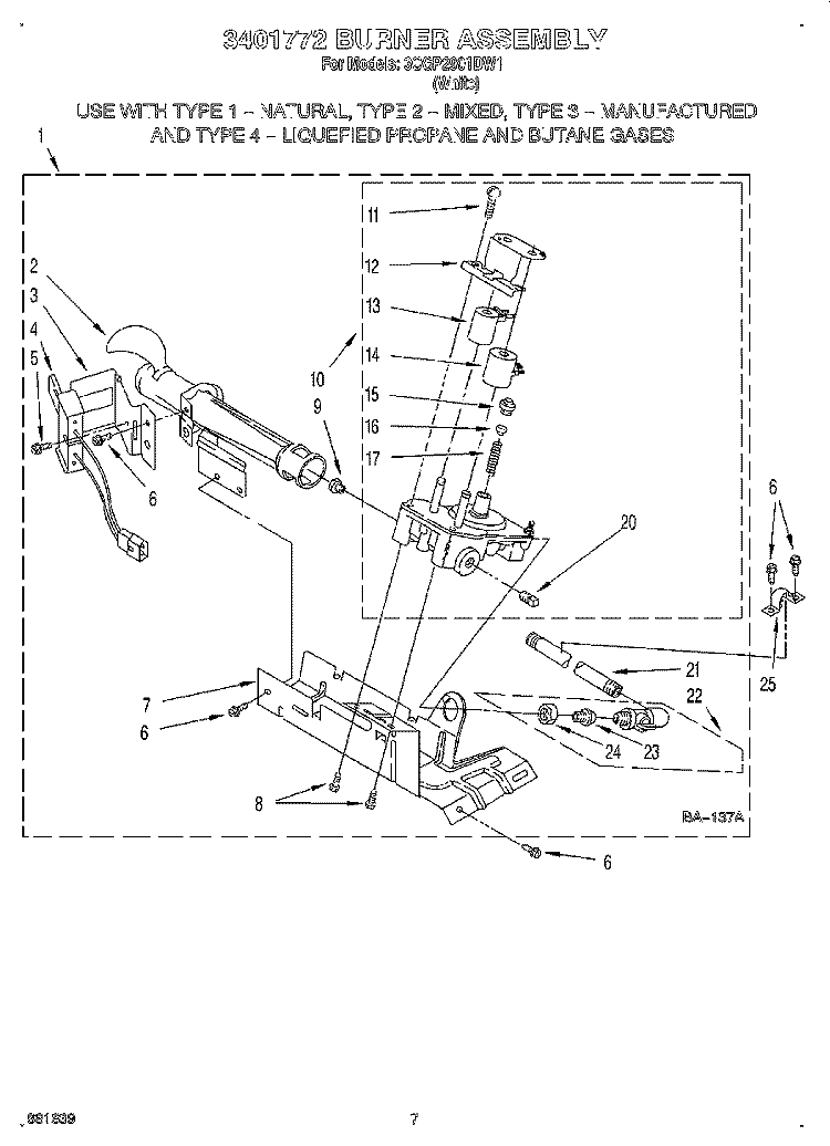 3401772 BURNER ASSEMBLY Diagram and Parts List for 3CGP2901DW1  Whirlpool Dryer