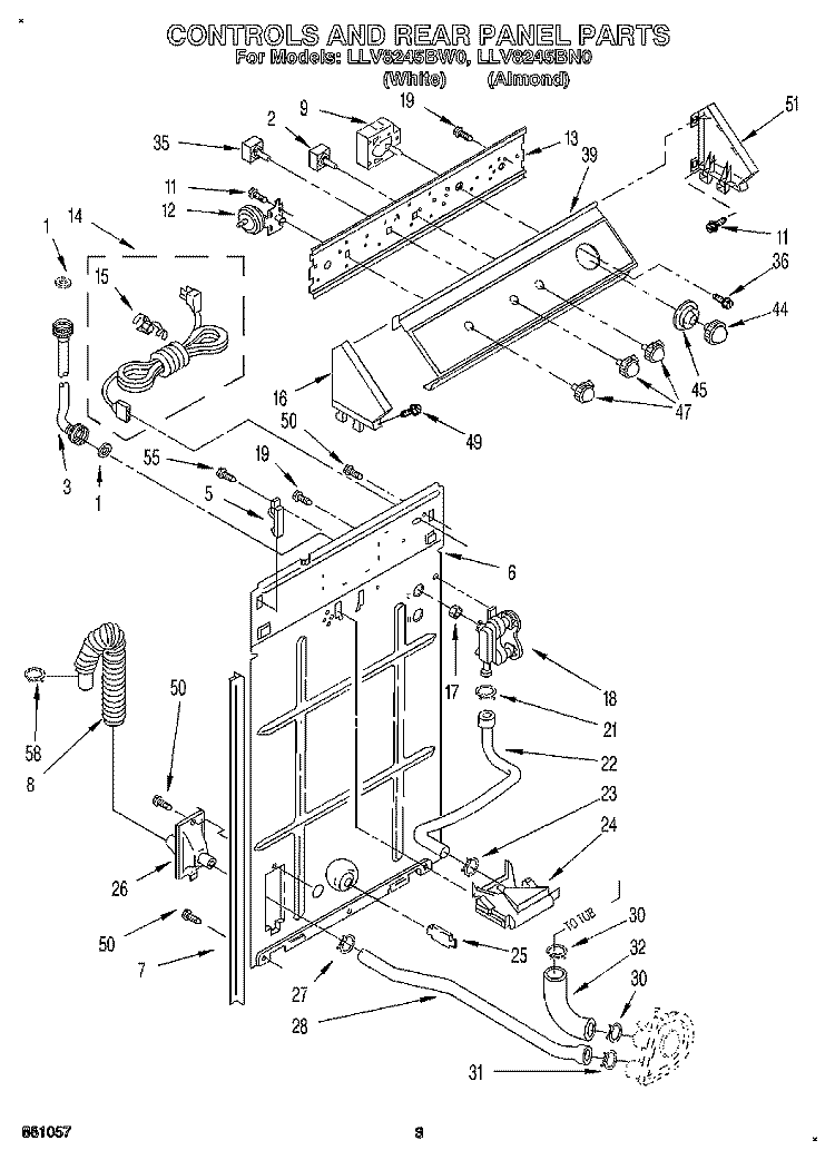 CONTROLS AND REAR PANEL Diagram and Parts List for LLV8245BW0  Whirlpool Washer