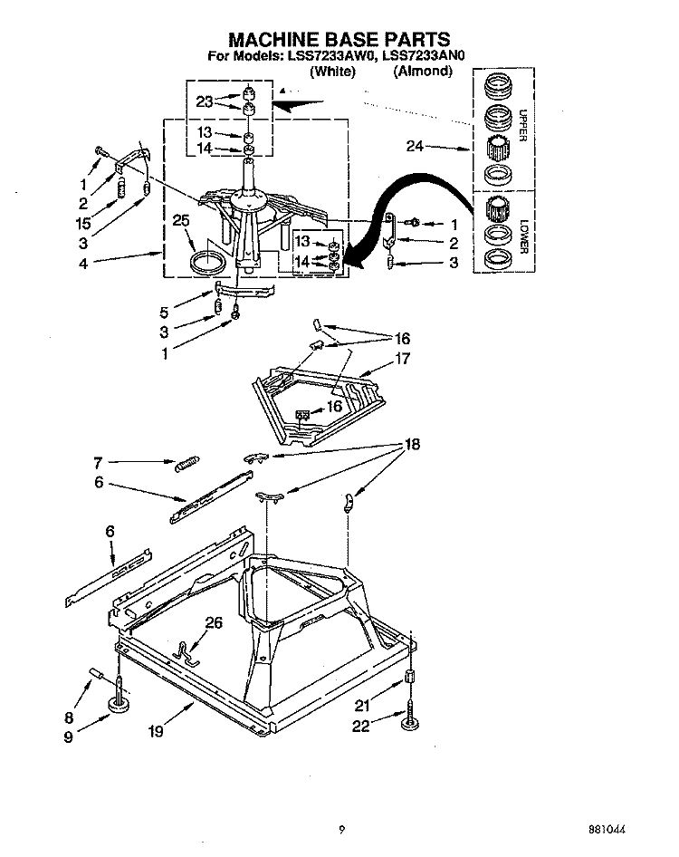 MACHINE BASE Diagram and Parts List for LSS7233AN0  Whirlpool Washer