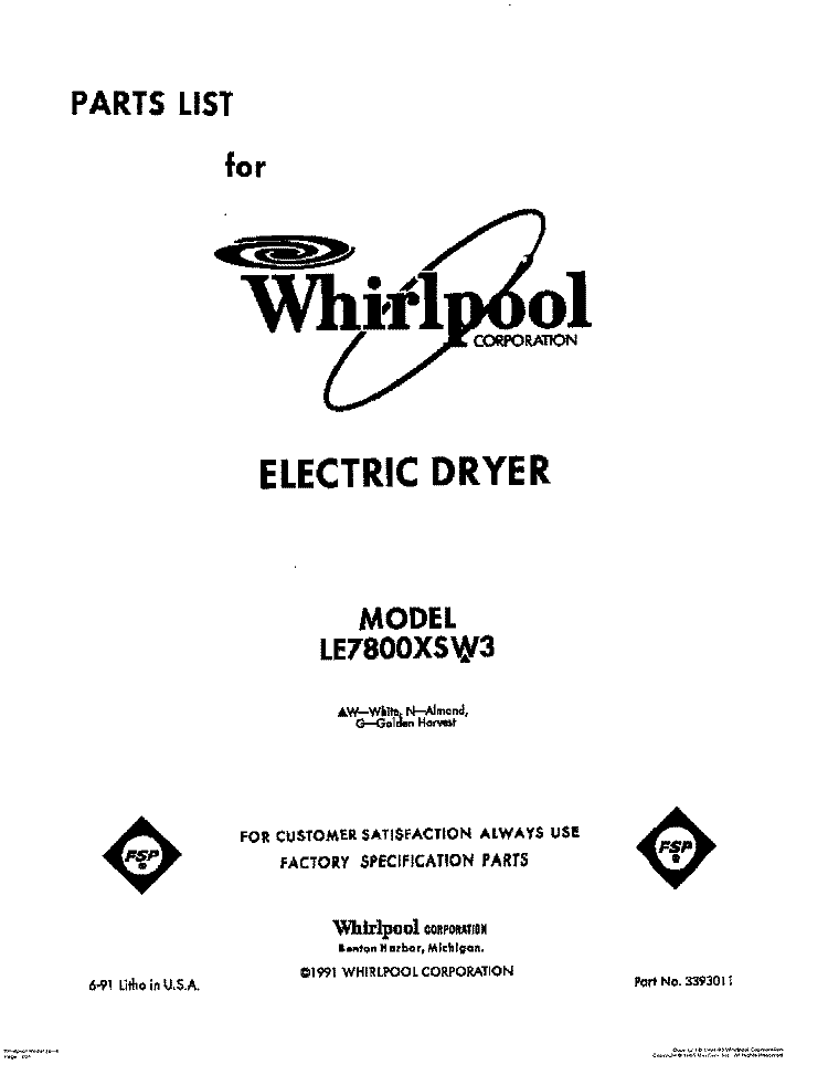SECTION Diagram and Parts List for LE7800XSW3  Whirlpool Dryer