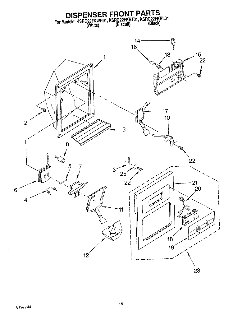 DISPENSER FRONT Diagram and Parts List for KSRG22FKBL01  KitchenAid Refrigerator