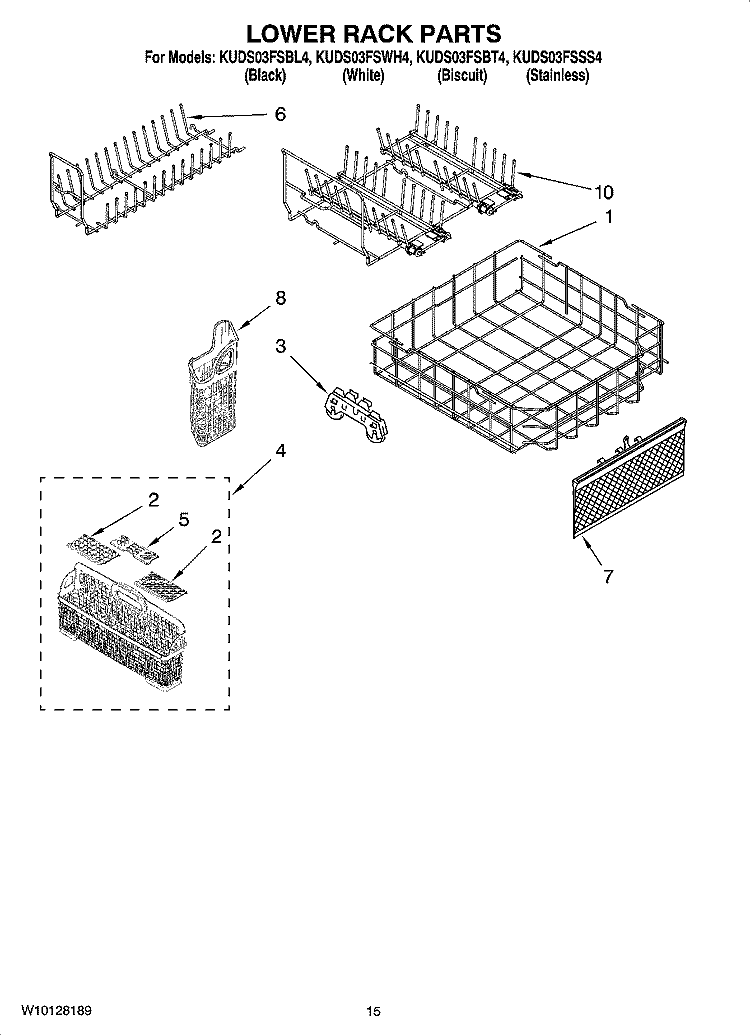 LOWER RACK PARTS, OPTIONAL PARTS (NOT INCLUDED) Diagram and Parts List for KUDS03FSSS4  KitchenAid Dishwasher