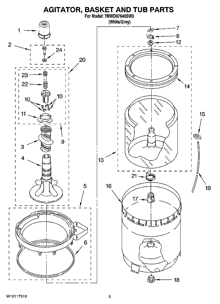 AGITATOR, BASKET AND TUB PARTS Diagram and Parts List for 7MWD87640SW0  Whirlpool Washer
