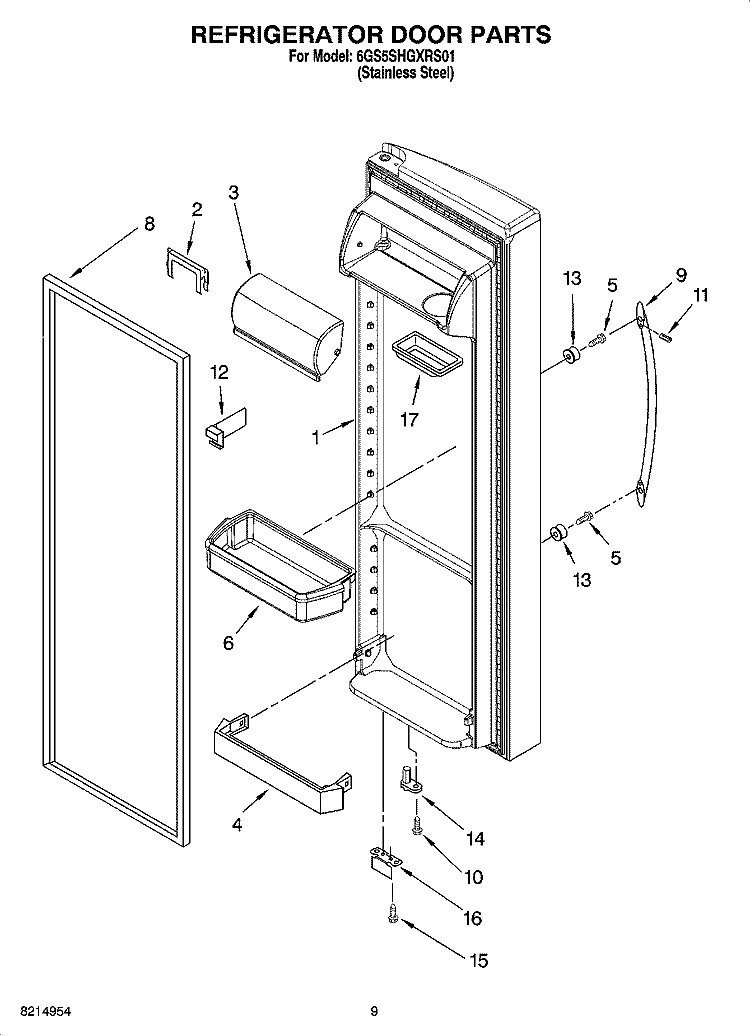 REFRIGERATOR DOOR PARTS Diagram and Parts List for 6GS5SHGXRS01  Whirlpool Refrigerator