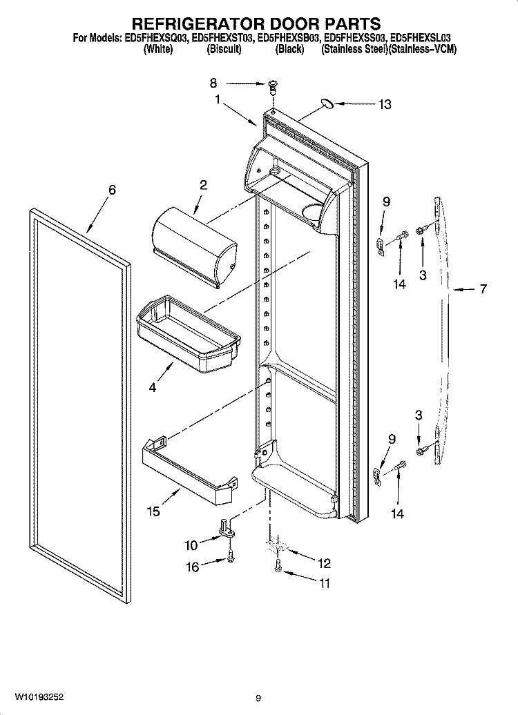 REFRIGERATOR DOOR PARTS Diagram and Parts List for ED5FHEXSB03  Whirlpool Refrigerator
