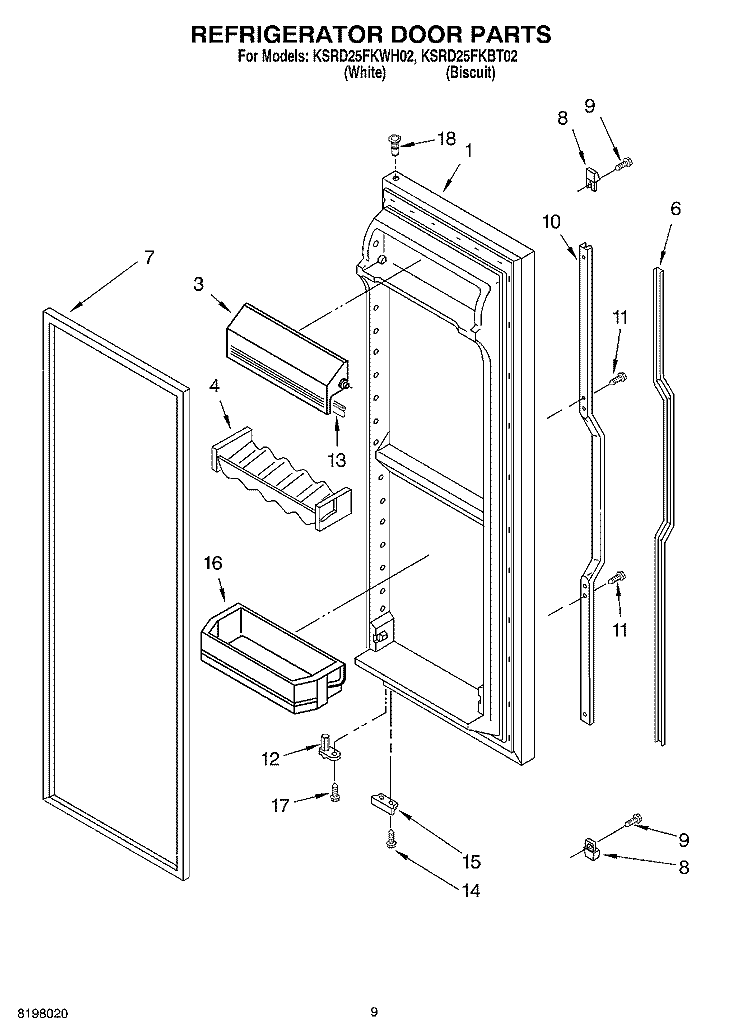 REFRIGERATOR DOOR Diagram and Parts List for KSRD25FKBT02  KitchenAid Refrigerator