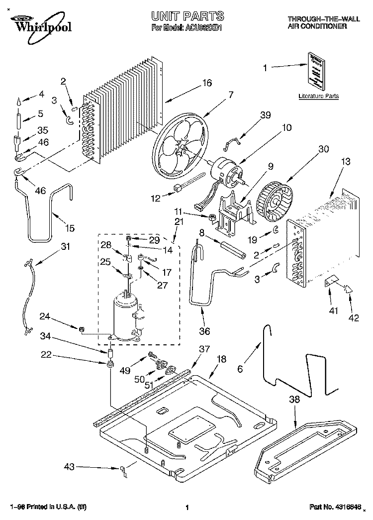 UNIT, LITERATURE Diagram and Parts List for ACU082XD1  Whirlpool Air Conditioner