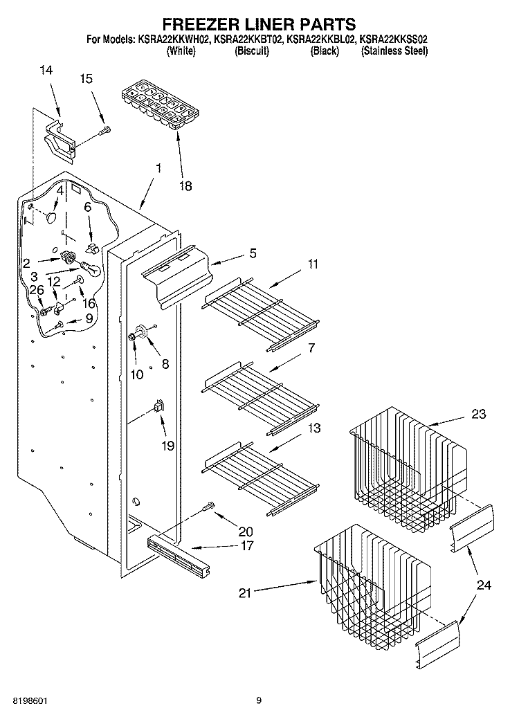 FREEZER LINER PARTS Diagram and Parts List for KSRA22KKBT02  KitchenAid Refrigerator