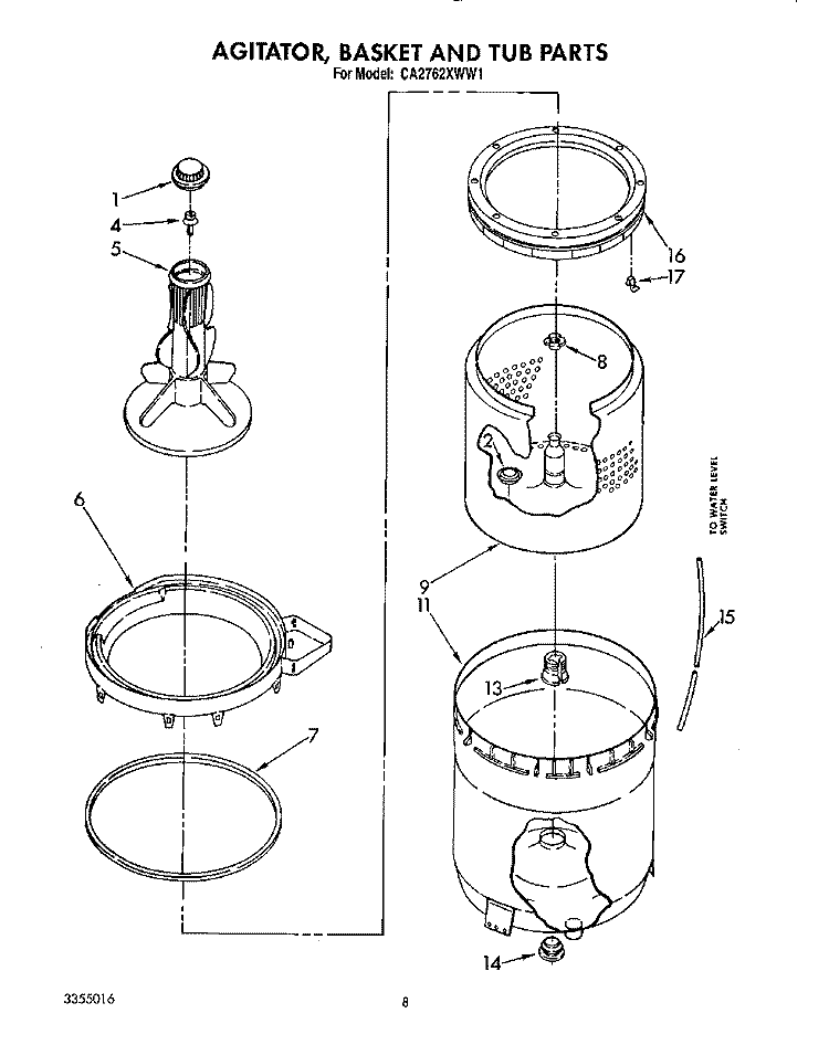 AGITATOR, BASKET AND TUB Diagram and Parts List for CA2762XWG1  Whirlpool Washer