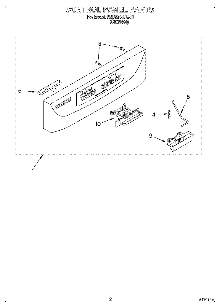 CONTROL PANEL Diagram and Parts List for KUDS25SHBS1  KitchenAid Dishwasher