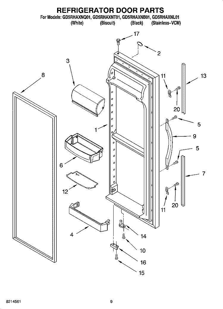 REFRIGERATOR DOOR PARTS Diagram and Parts List for GD5RHAXNL01  Whirlpool Refrigerator
