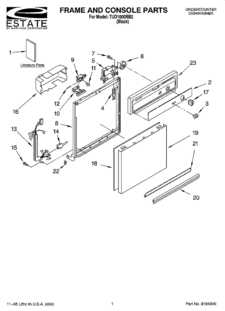 FRAME AND CONSOLE PARTS Diagram and Parts List for TUD1000RB2  Estate Dishwasher