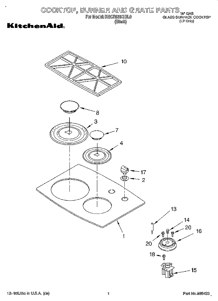 COOKTOP, BURNER AND GRATE PARTS Diagram and Parts List for KGCR055GBL0  KitchenAid Cooktop