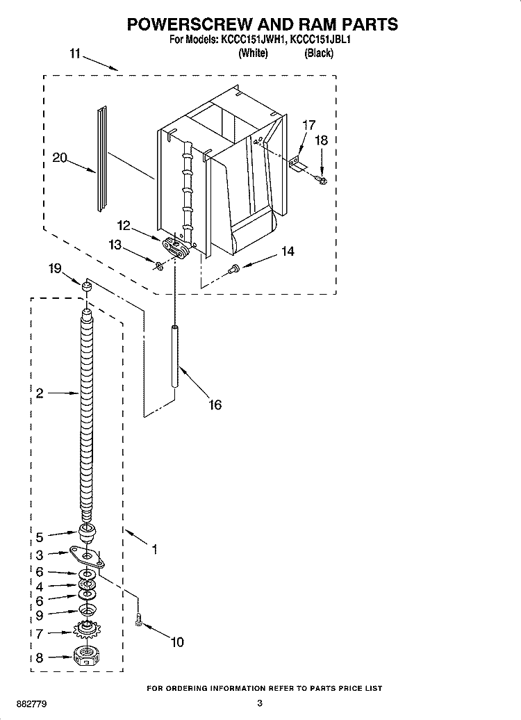 POWERSCREW AND RAM PARTS Diagram and Parts List for KCCC151JWH1  KitchenAid Trash Compactor