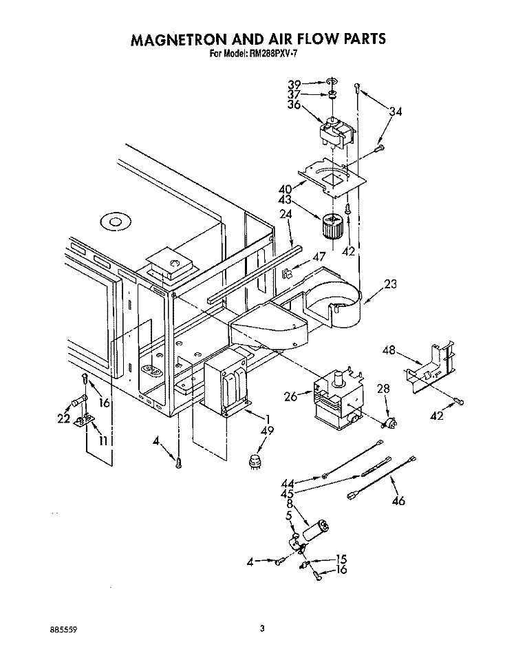 MAGNETRON AND AIR FLOW Diagram and Parts List for RM288PXV7  Whirlpool Microwave Oven Combo