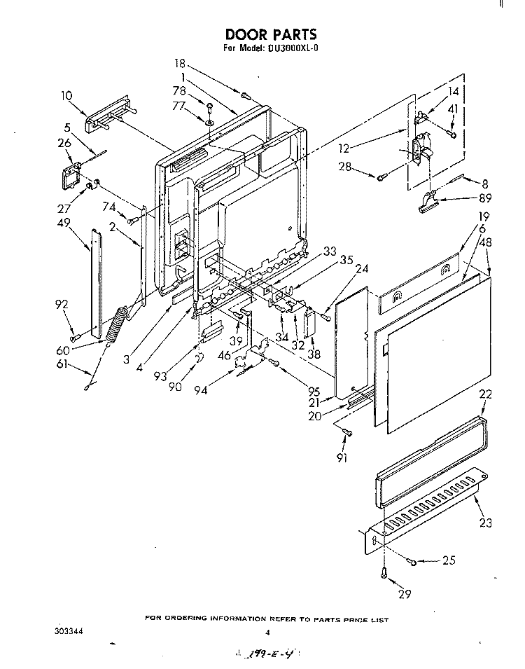DOOR Diagram and Parts List for DU3000XL0  Whirlpool Dishwasher