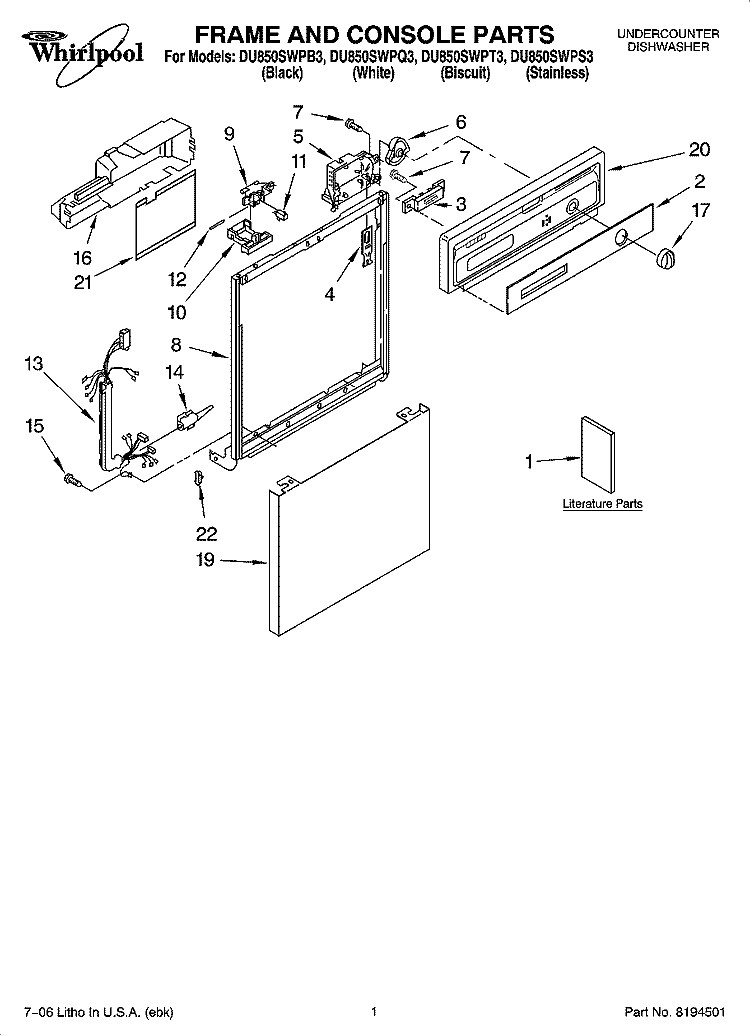 FRAME AND CONSOLE PARTS Diagram and Parts List for DU850SWPS3  Whirlpool Dishwasher
