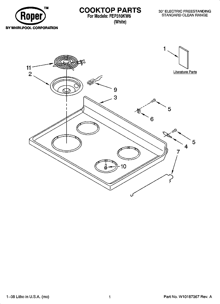 COOKTOP PARTS Diagram and Parts List for FEP310KW6  Roper Range