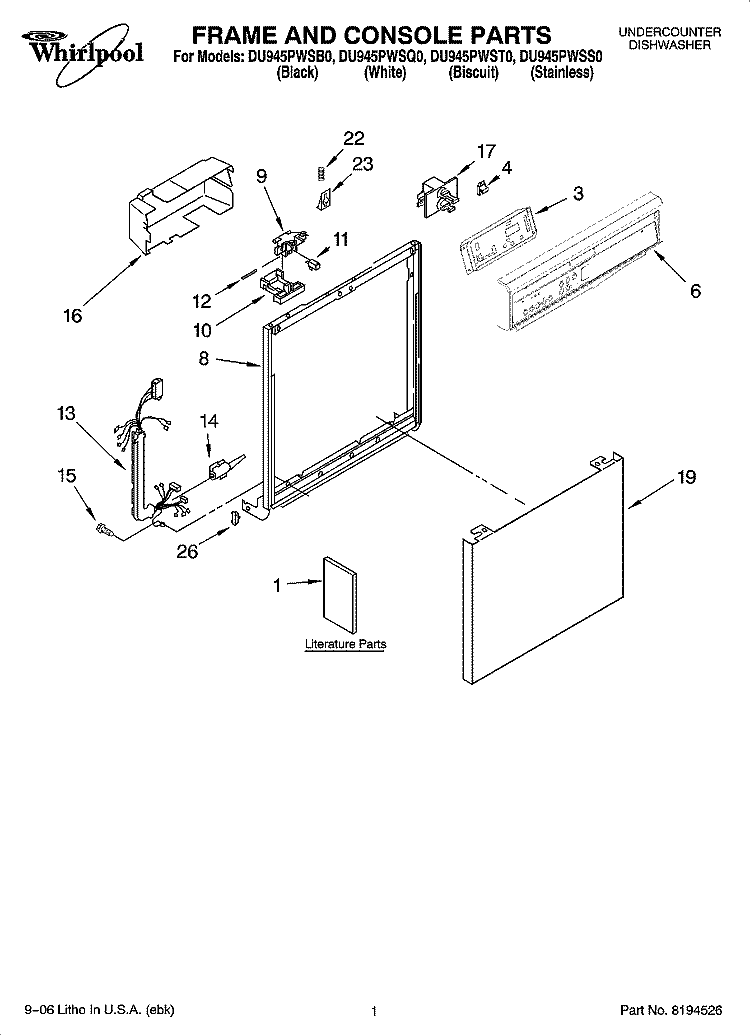 FRAME AND CONSOLE PARTS Diagram and Parts List for DU945PWSQ0  Whirlpool Dishwasher