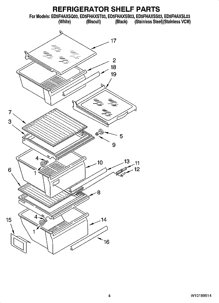 REFRIGERATOR SHELF PARTS Diagram and Parts List for ED5FHAXSQ03  Whirlpool Refrigerator