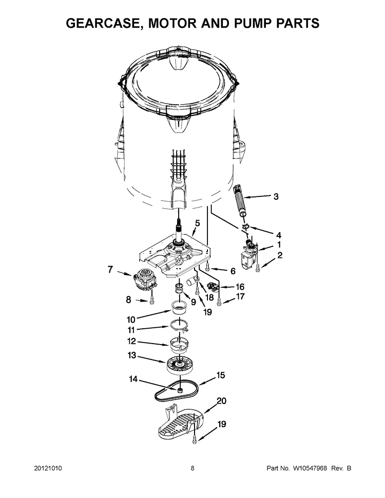 GEARCASE, MOTOR AND PUMP PARTS Diagram and Parts List for 7MWTW1604AW1  Whirlpool Washer