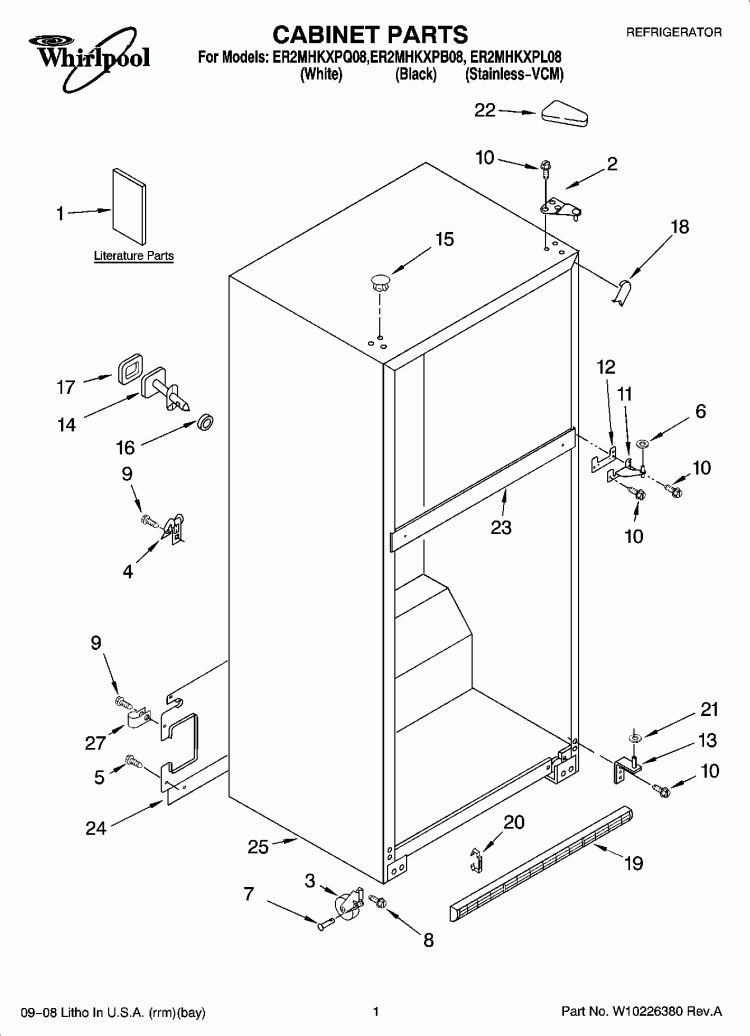 CABINET PARTS Diagram and Parts List for ER2MHKXPQ08  Whirlpool Refrigerator