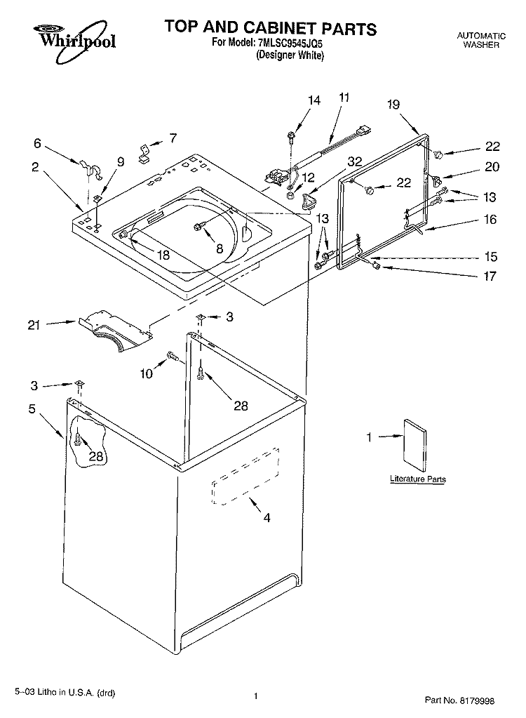 TOP AND CABINET PARTS Diagram and Parts List for 7MLSC9545JQ5  Whirlpool Washer