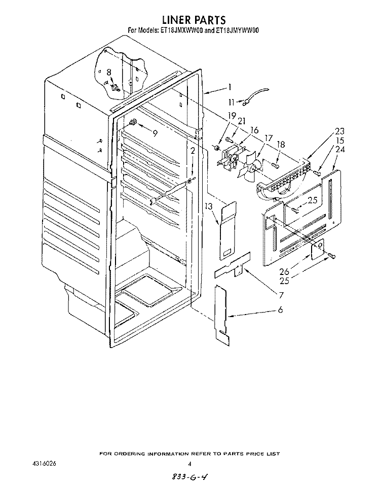LINER Diagram and Parts List for ET18JMXWW00  Whirlpool Refrigerator