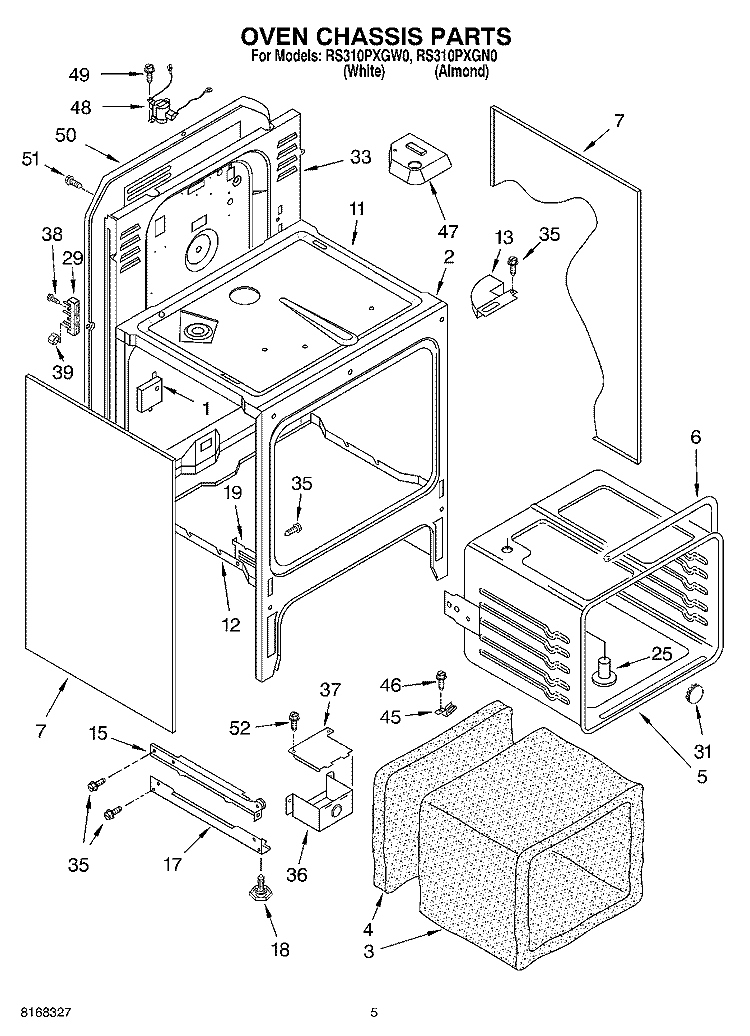 OVEN CHASSIS Diagram and Parts List for RS310PXGN0  Whirlpool Range