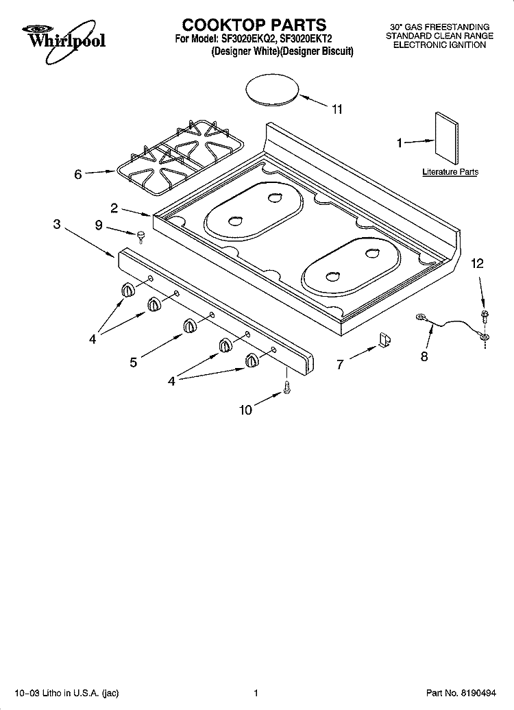 COOKTOP PARTS Diagram and Parts List for SF3020EKT2  Whirlpool Range