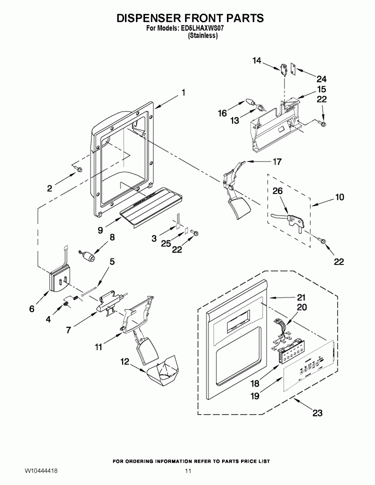 DISPENSER FRONT PARTS Diagram and Parts List for ED5LHAXWS07  Whirlpool Refrigerator