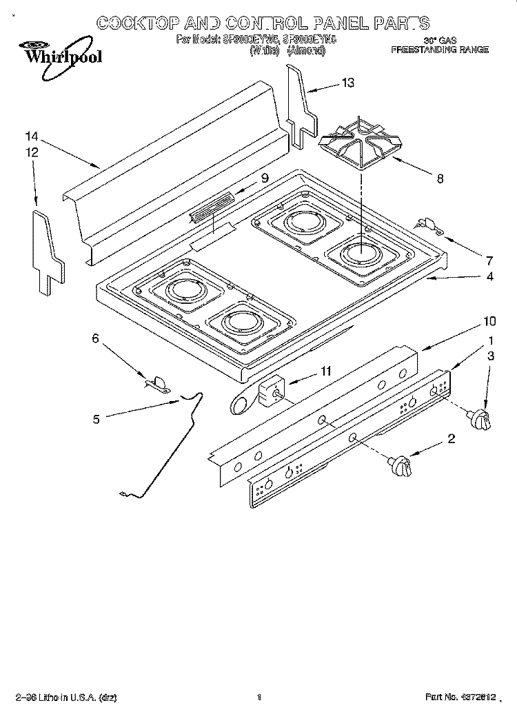COOKTOP AND CONTROL PANEL, LITERATURE Diagram and Parts List for SF3000EYN5  Whirlpool Range