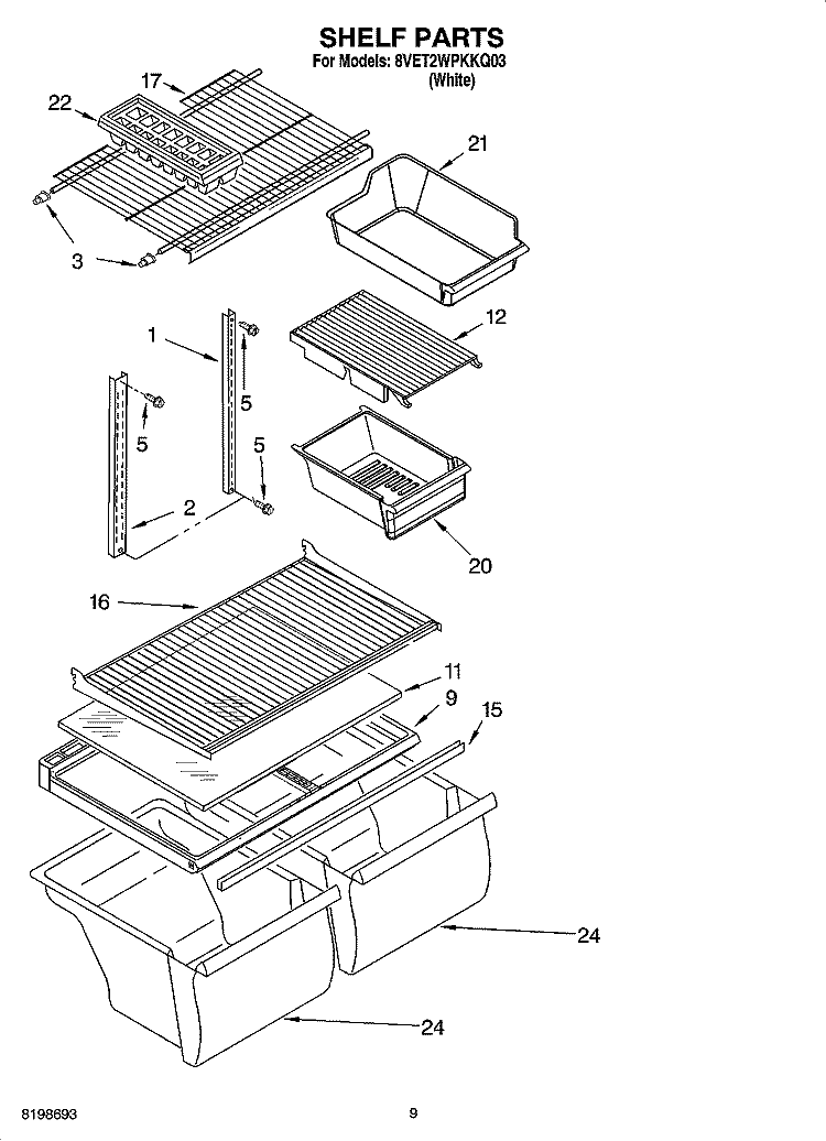 SHELF PARTS, OPTIONAL PARTS Diagram and Parts List for 8VET2WPKKQ03  Whirlpool Refrigerator