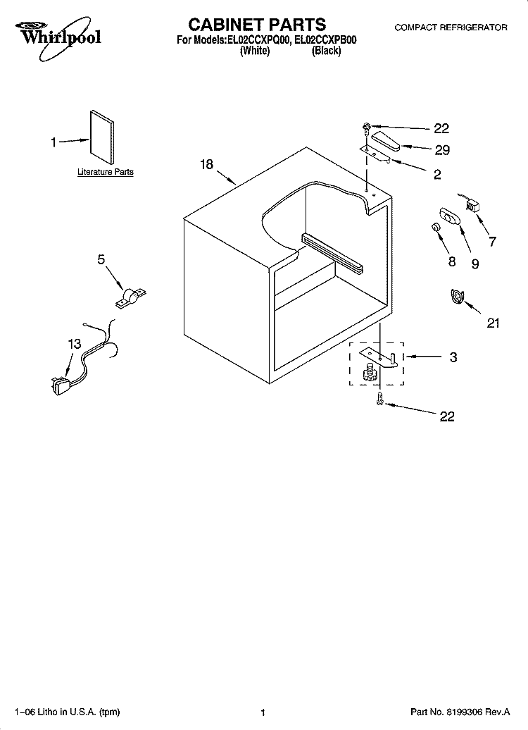 CABINET PARTS Diagram and Parts List for EL02CCXPB00  Whirlpool Refrigerator