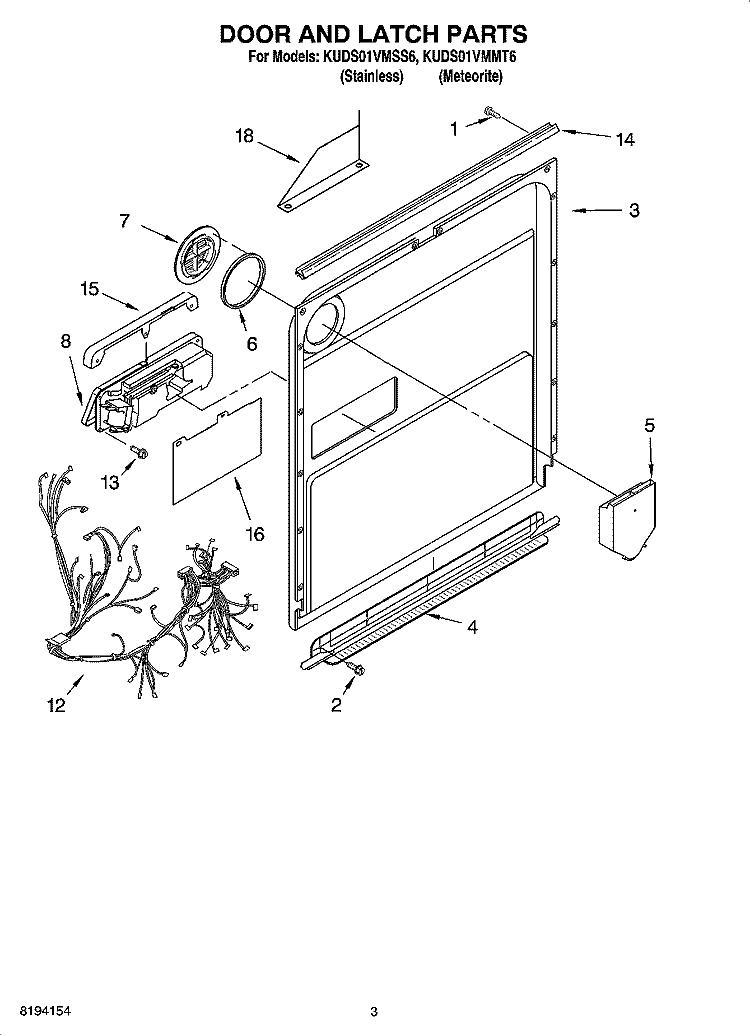 DOOR AND LATCH PARTS Diagram and Parts List for KUDS01VMMT6  KitchenAid Dishwasher