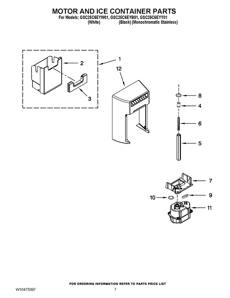 MOTOR AND ICE CONTAINER PARTS Diagram and Parts List for GSC25C6EYY01  Whirlpool Refrigerator